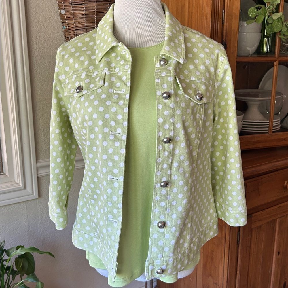 Christopher & Banks Bundle Light Green Polka Dot Jean Jacket with Cotton Tee New